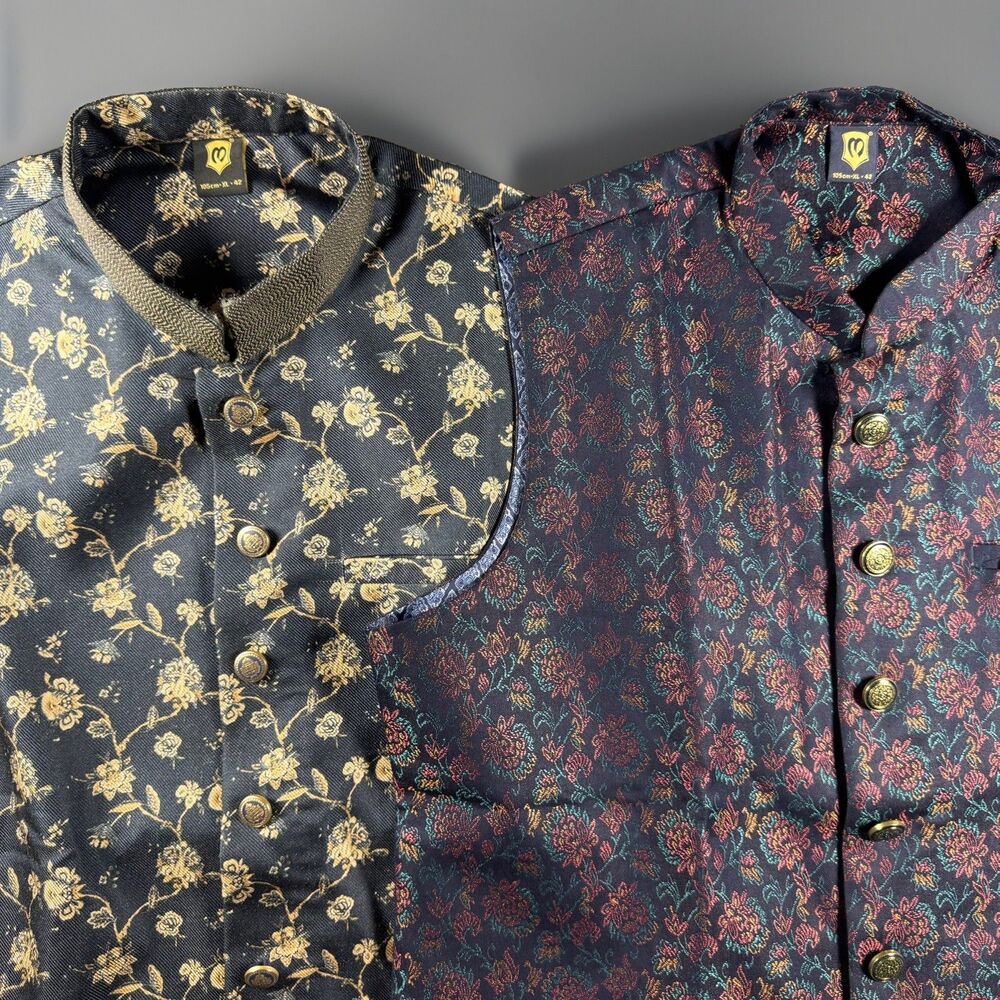 LOT OF 2 Manyavar Men’s Nehru Vests Jacket Size 42 L Brocade Floral Silk Blend